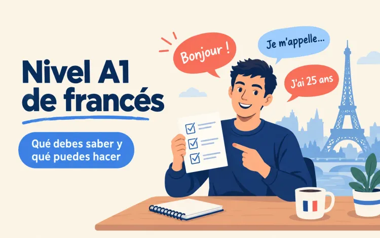 Un estudiante sonriente muestra una lista con tres casillas marcadas, rodeado de las frases Bonjour, Je m’appelle y J’ai 25 ans