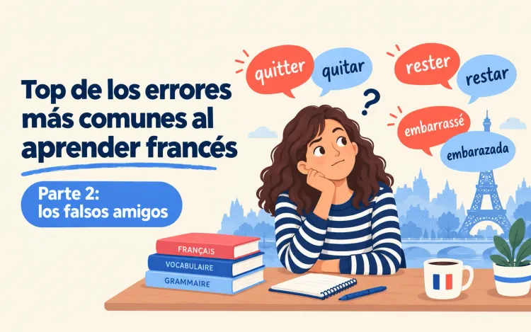 Una estudiante pensativa, con la mano en la barbilla, frente a los falsos amigos quitter y quitar, rester y restar, embarrassé y embarazada