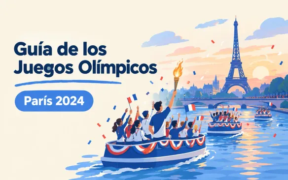 Barcos con atletas y banderas francesas navegan por el Sena hacia la Torre Eiffel al atardecer